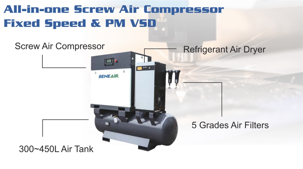 Mini Electric Portable 11KW 15HP 15bar~16bar 4 in 1 Rotary Screw Air Compressors with Air Dryer for Fiber Laser Cutting Machine