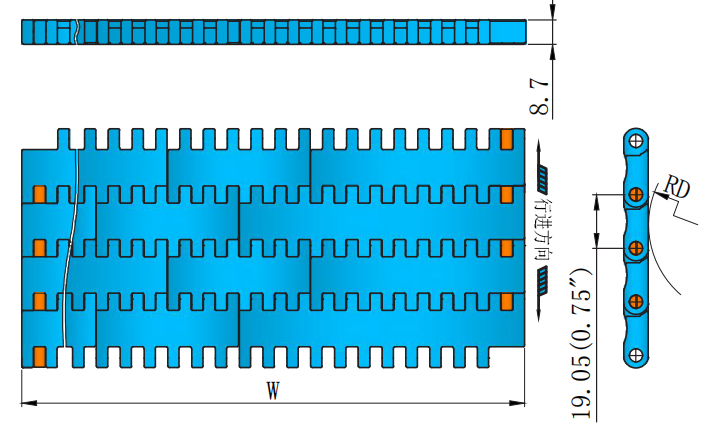 7300 Series 19.05mm Pitch Flat Top Leaf Chain Network Plastic Chain for Sale