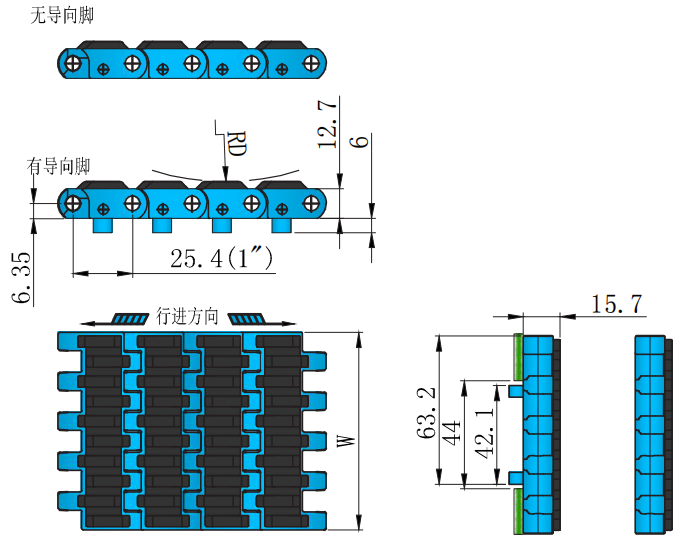 1005 Series 25.4mm Pitch Rubber Surface Plastic Chain for Sale