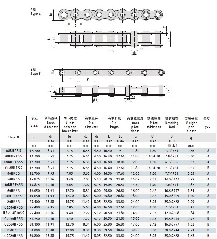Stainless Steel Hollow Pin Chains 08BHPSS 08BHPFSS 08BHPF5SS C08BHPSS 40HPSS 50HPSS 10BHPF3SS 60HPSS 80HPSS