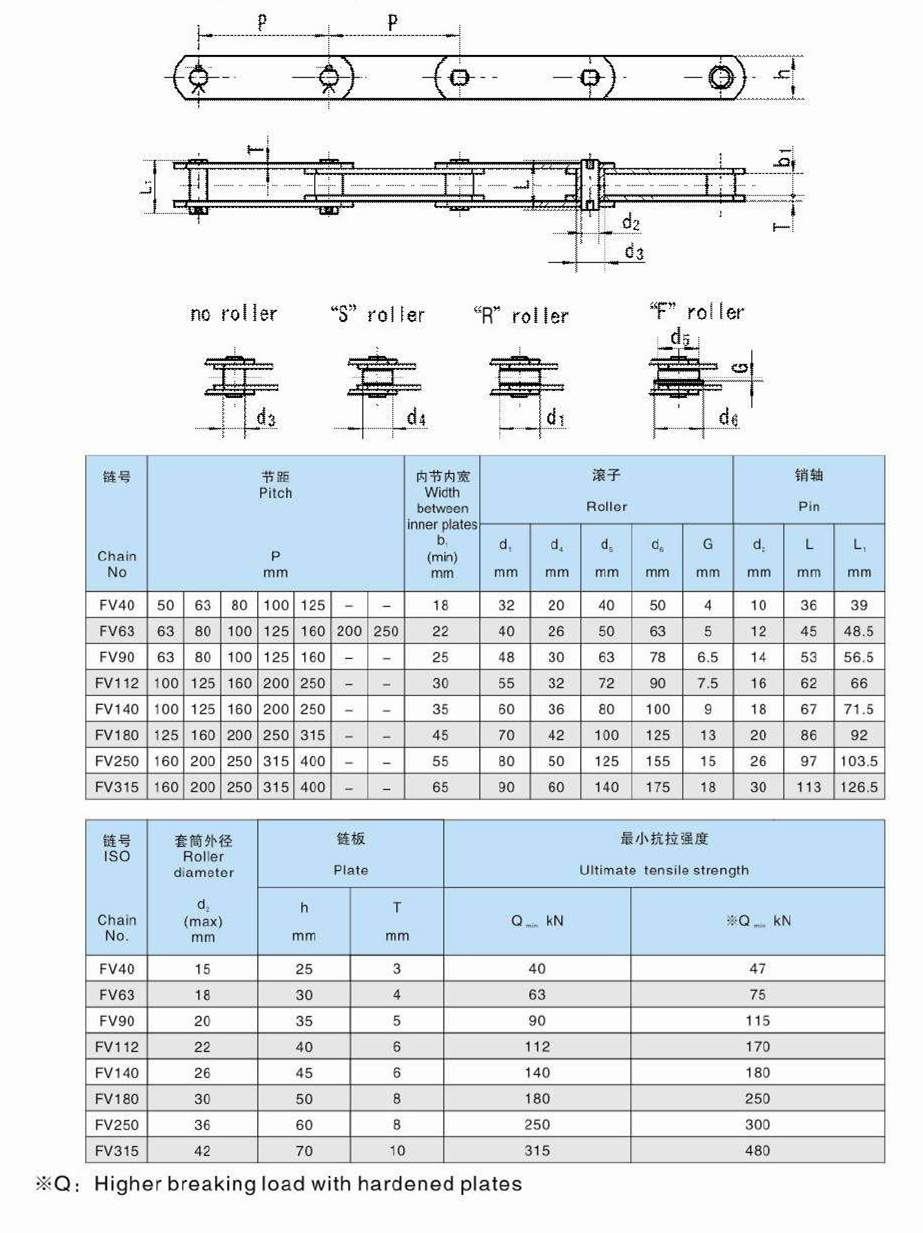 Brand New Chain Fv40 Fv63 Fv90 Fv112 Fv140 Fv180 Fv250 Fv315 Fv Series Steel Conveyor Chains Made in China